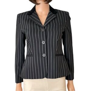 Lauren Ralph Lauren black white pinstriped virgin wool blazer w velvet collar